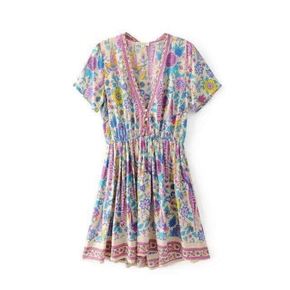 Boho Vintage Floral Print Mini Dress NWT - Picture 3 of 4